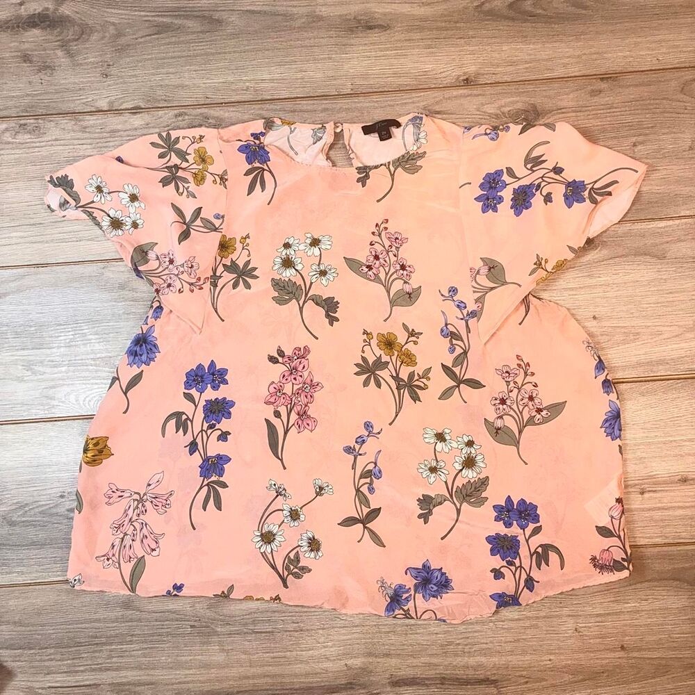 J.Crew pink floral blouse with purple, white, and yellow flowers J (2X)